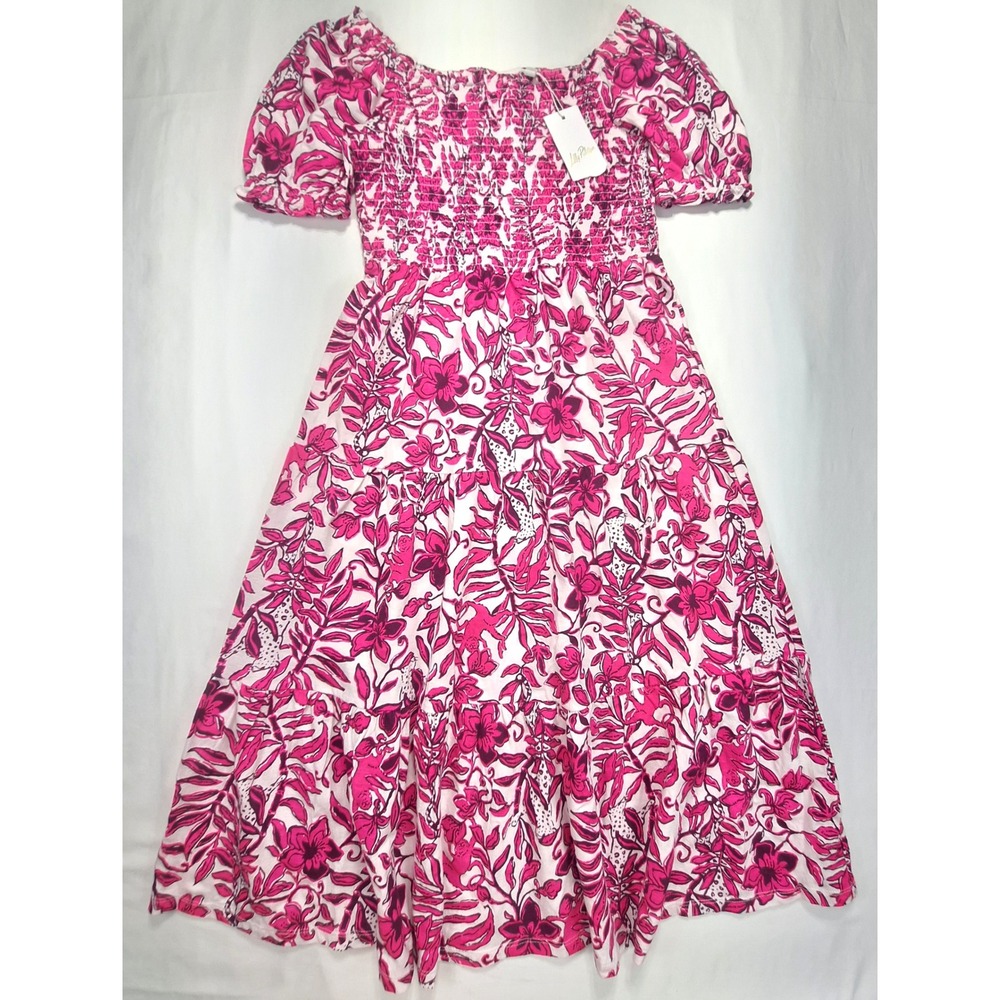 Lilly Pulitzer mini Jilly Pink Floral Smocked Tiered Midi Dress NWT Size L 8-10